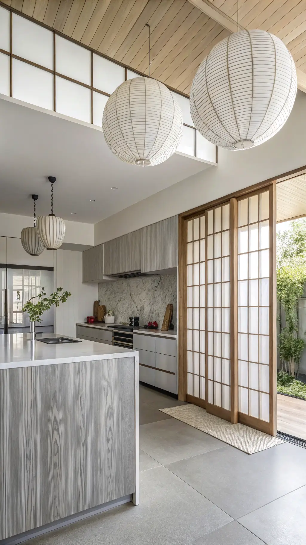 Minimalist 12x14ft Japanese-inspired kitchen with silver grooved cabinets, bamboo accents, paper lantern pendants, shoji screen divider, and soft early morning light.