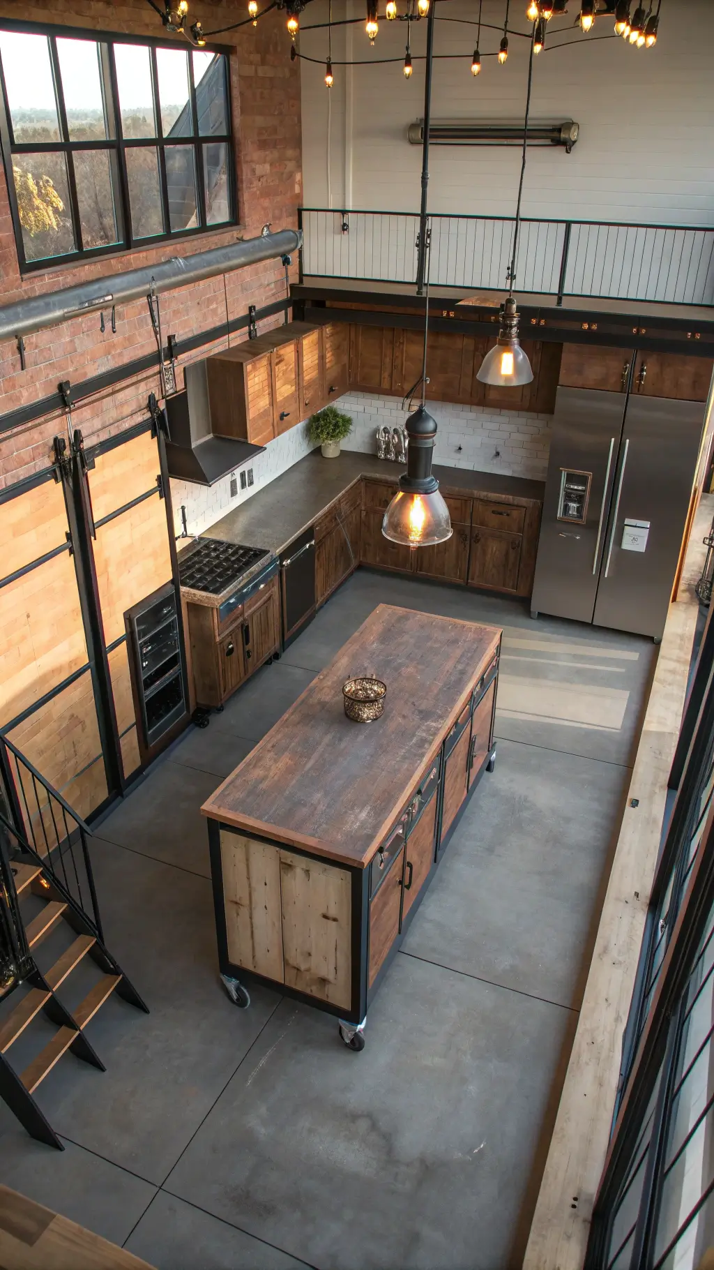 Industrial loft kitchen with distressed copper cabinets, reclaimed wood island on steel wheels, Edison bulb chandelier, viewed from above in late afternoon light.