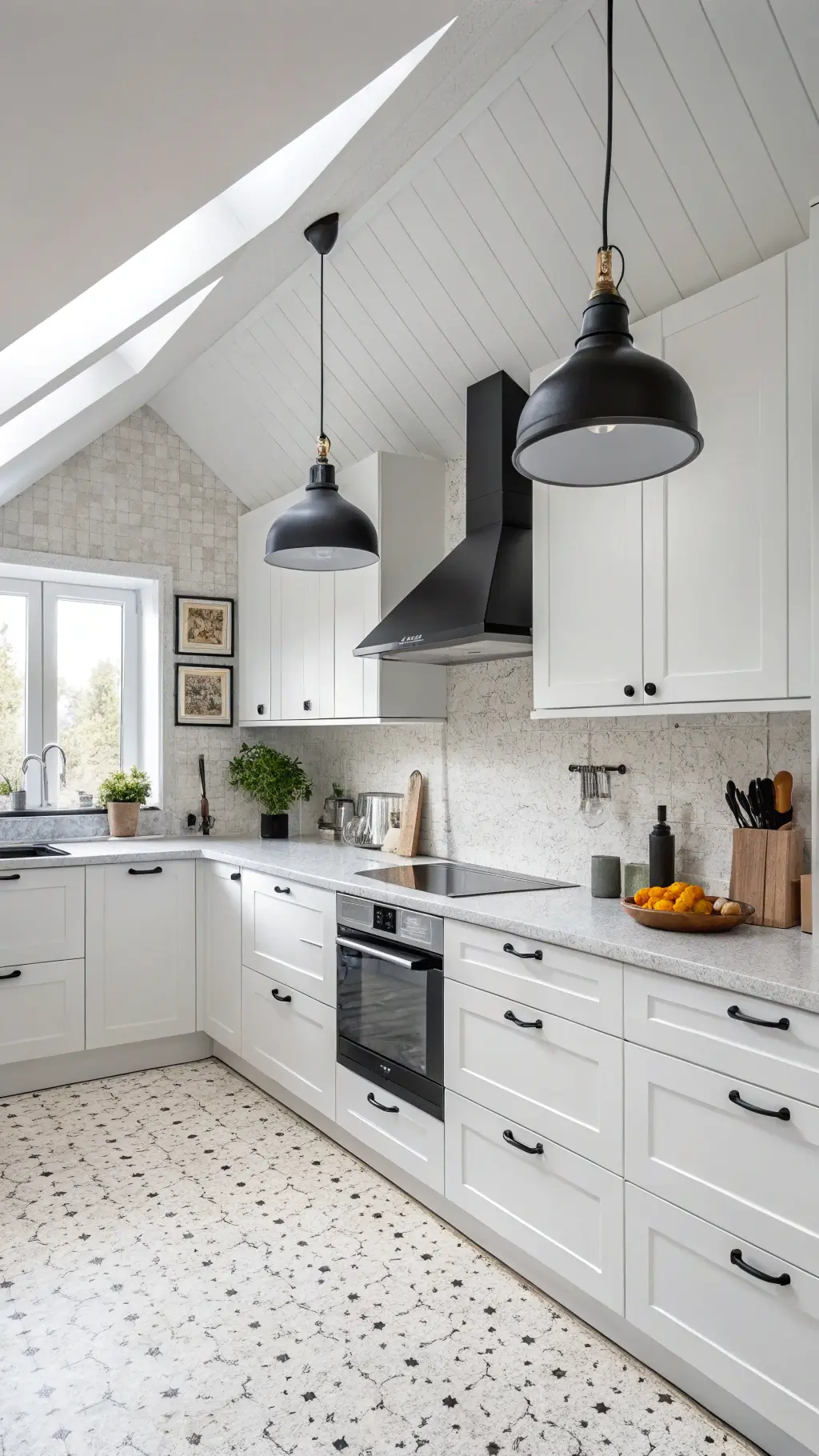 Scandinavian 11x13ft kitchen with pitched ceiling, white aluminum cabinets, pale terrazzo countertops, and matte black dome pendants in bright noon light.