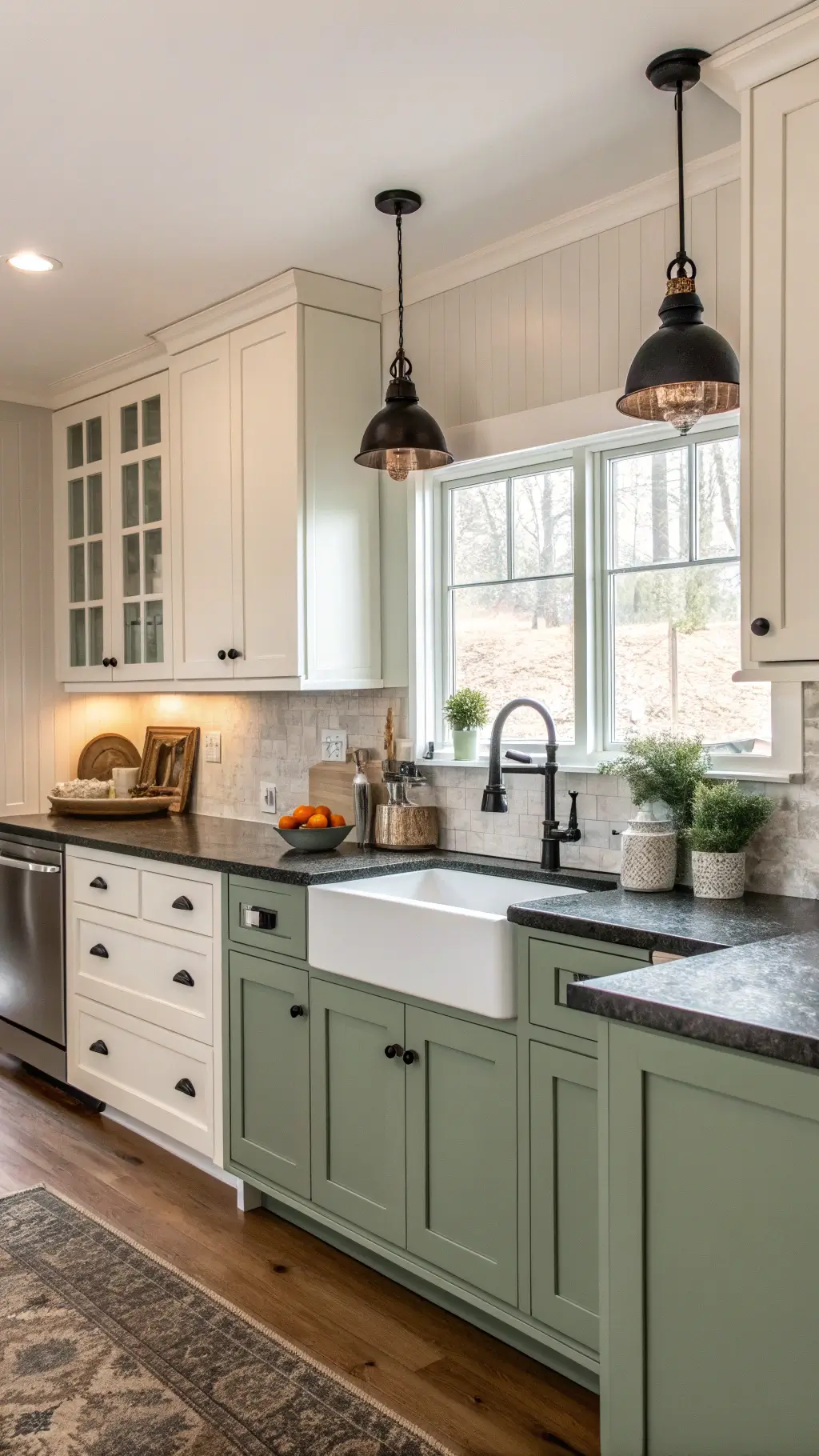 Modern farmhouse kitchen with sage green lower cabinets, white uppers, soapstone counters, and black vintage schoolhouse lights, viewed straight-on in morning filtered light.