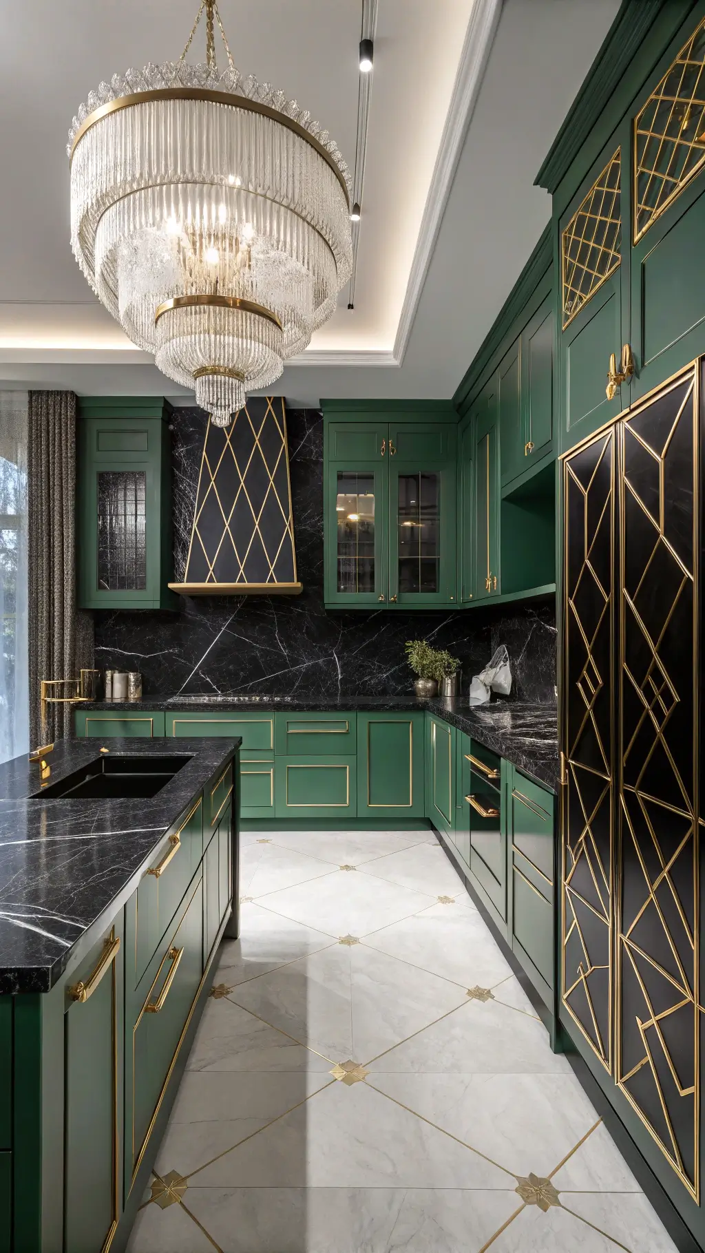 Art Deco kitchen with emerald green aluminum cabinets, brass inlays, black marble counters with white veining, and crystal-brass chandelier under dramatic evening lighting.