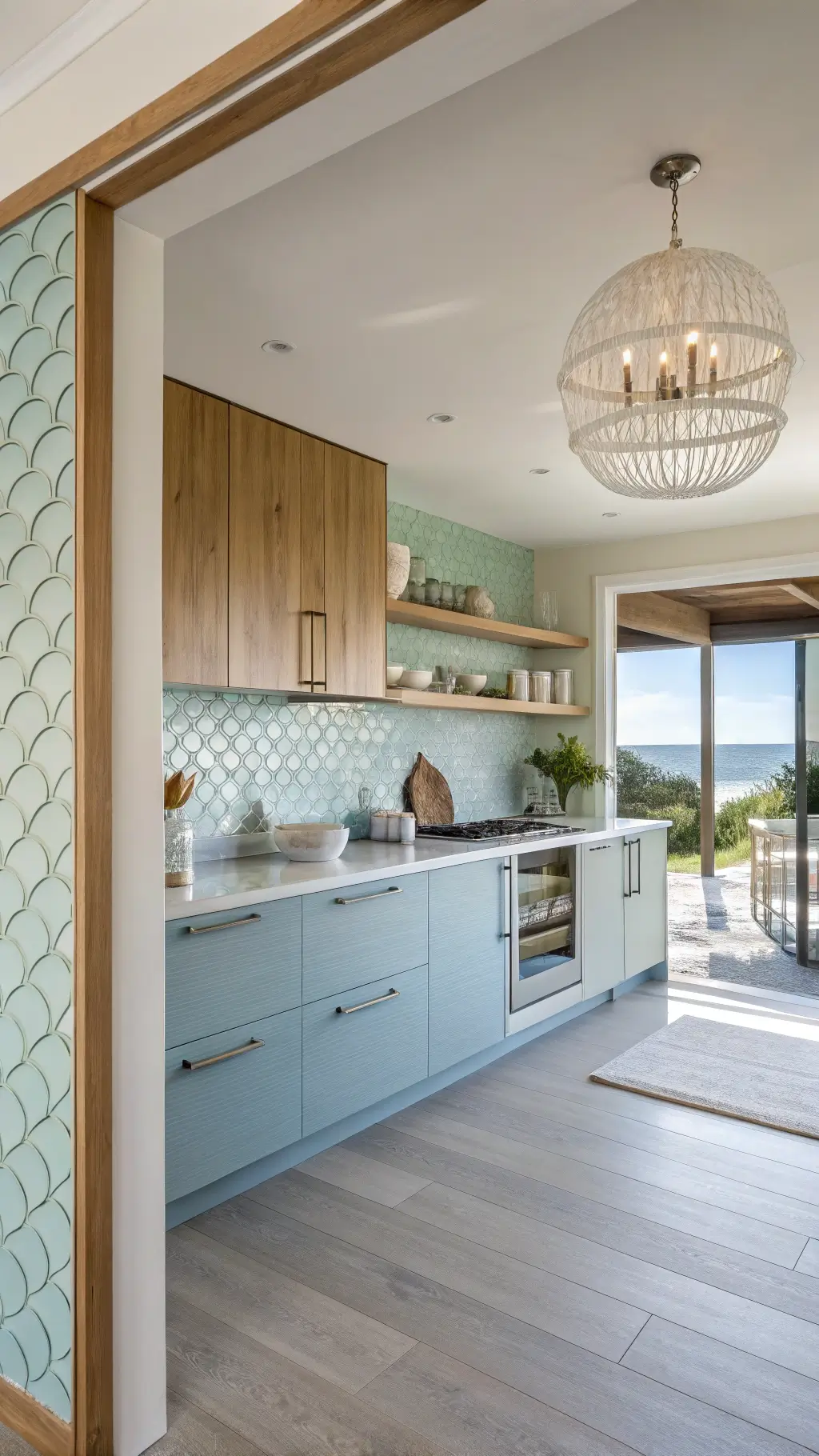 Coastal modern 12x16ft kitchen with powder blue wave-textured aluminum cabinets, white oak floating shelves displaying beach decor, and a shimmering capiz shell chandelier in bright late morning light.