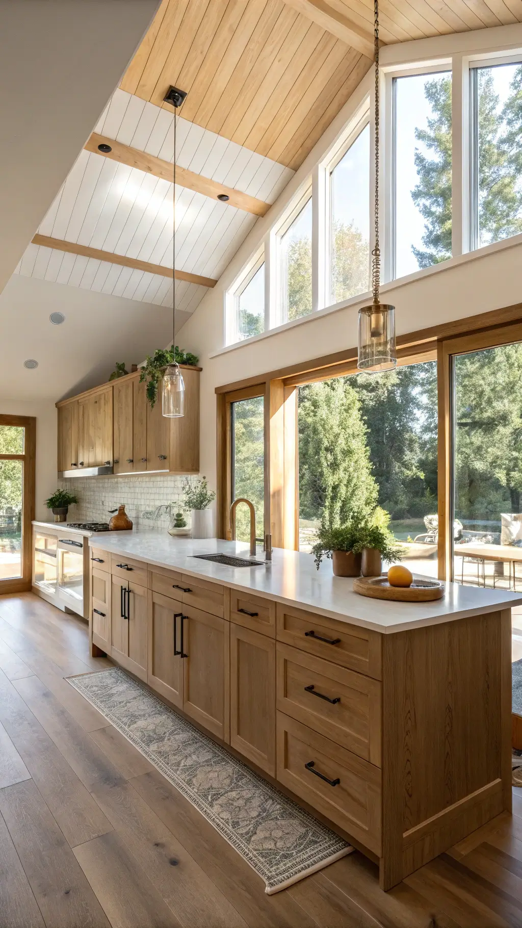 Sunlit contemporary kitchen with floor-to-ceiling alder cabinets, vaulted ceiling, white oak floors, and quartz waterfall island.