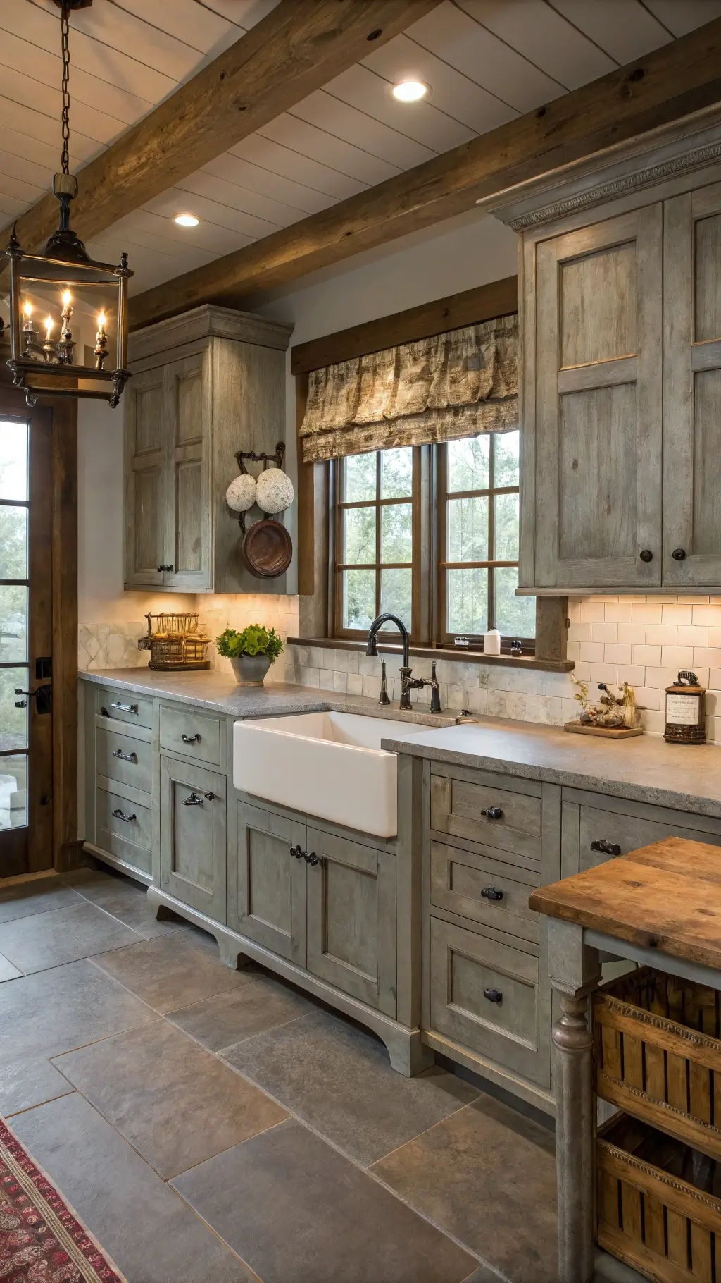 Farmhouse kitchen with weathered gray knotty alder cabinets, exposed ceiling beams, apron sink under window, butcher block island, and vintage decor in golden hour light.