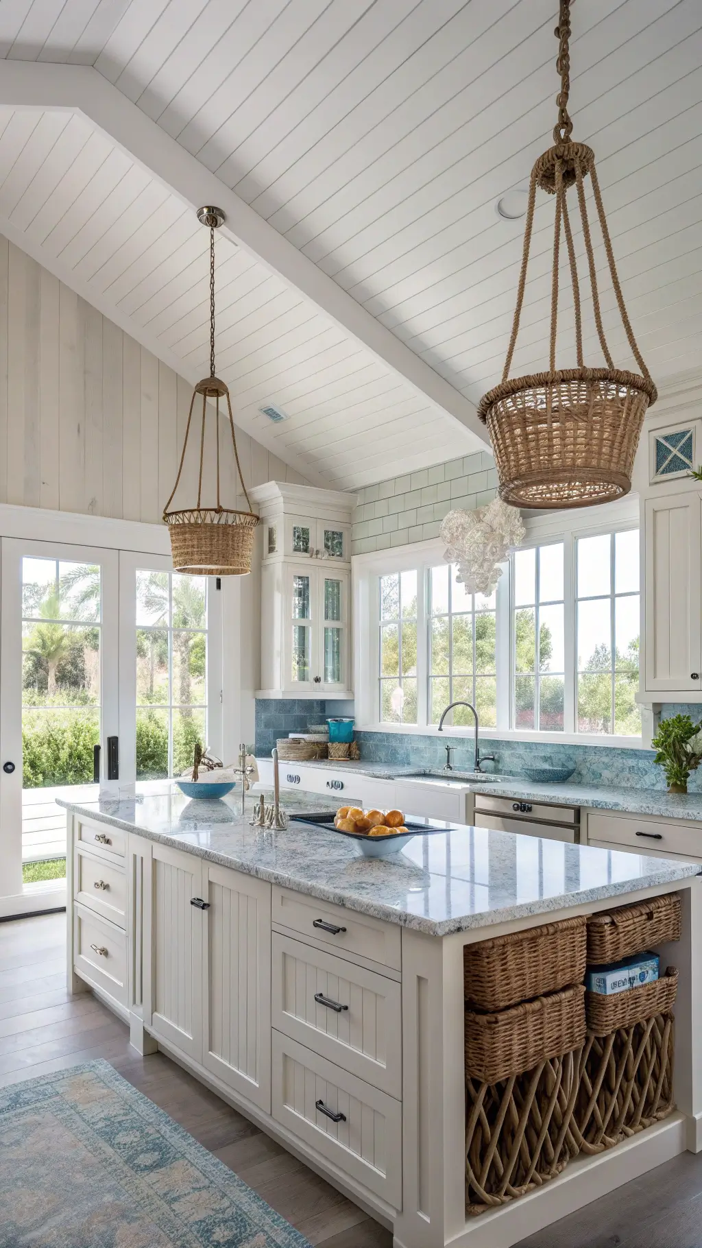 Coastal kitchen with whitewashed alder cabinets, blue glass tile backsplash, marble counters, rope pendant lights, and beach-themed decor in bright natural light.