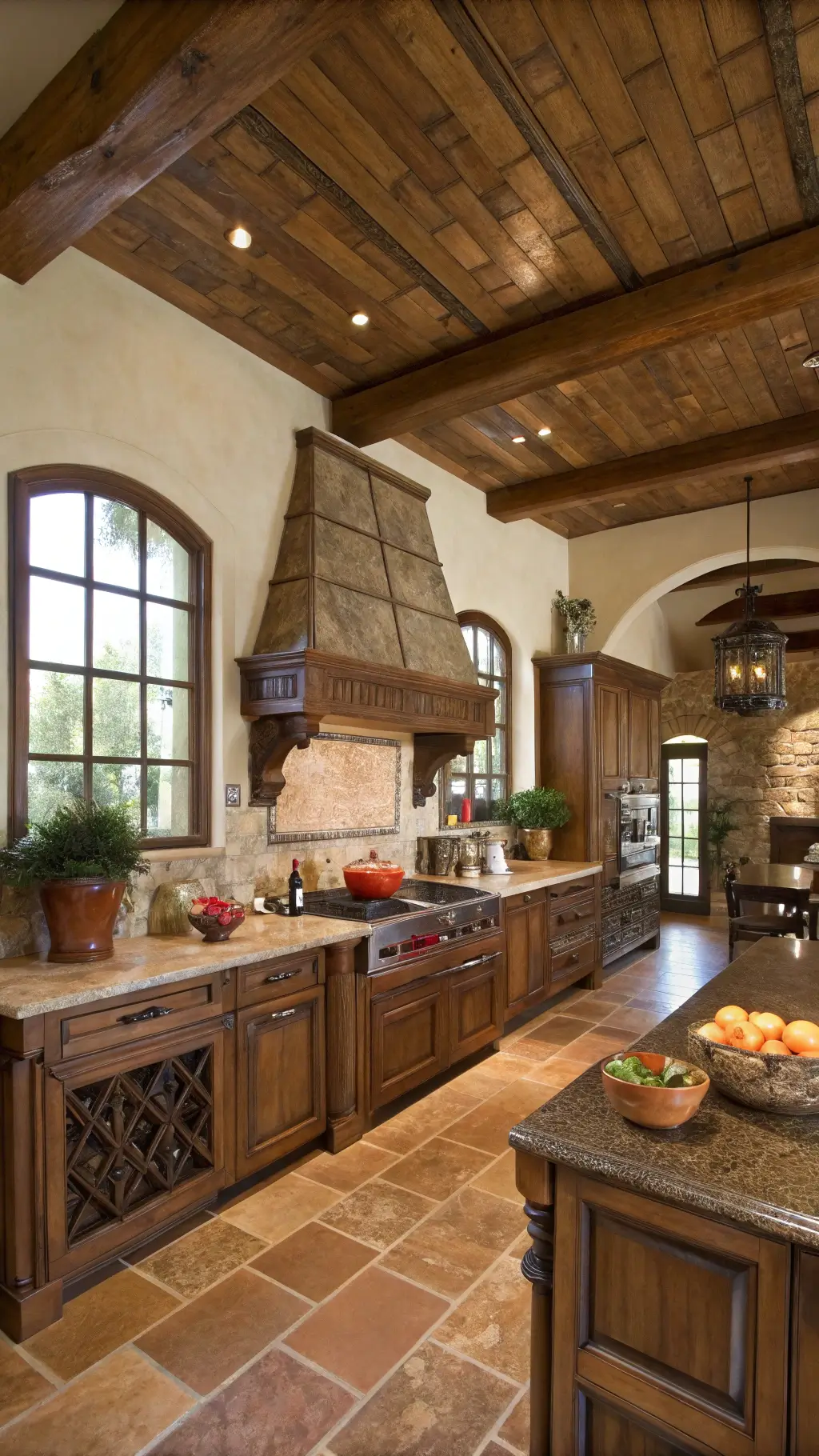 Rustic Mediterranean kitchen with walnut-stained alder cabinets, terracotta floors, stone hood, wooden ceiling beams, and copper pots in warm morning light.