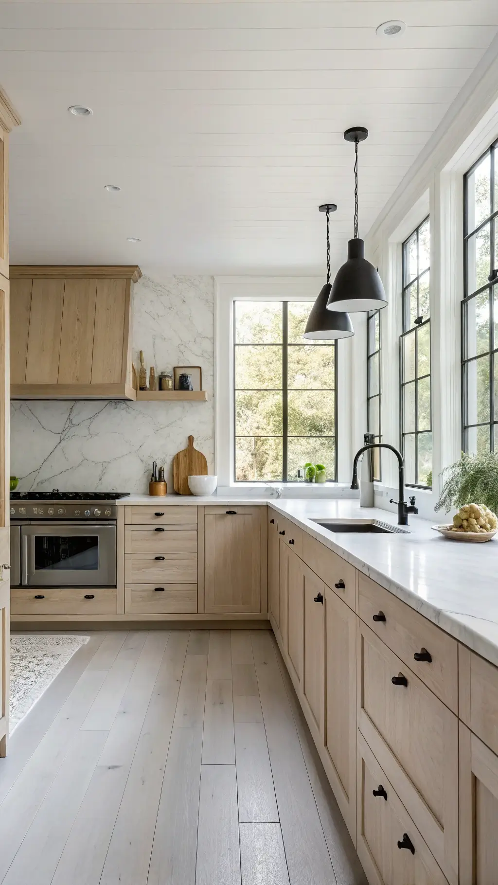 Scandinavian kitchen with bleached alder cabinets, white oak floors, marble backsplash, and matte black hardware in soft northern light.