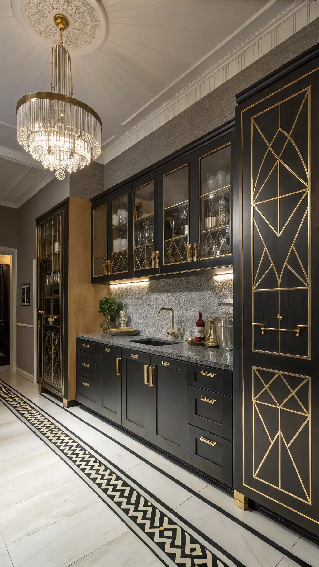 Art Deco kitchen with alder cabinets featuring geometric inlays, brass hardware, black and gold accents, geometric tile floor, dramatic evening lighting, and crystal and metallic decor under a statement chandelier.
