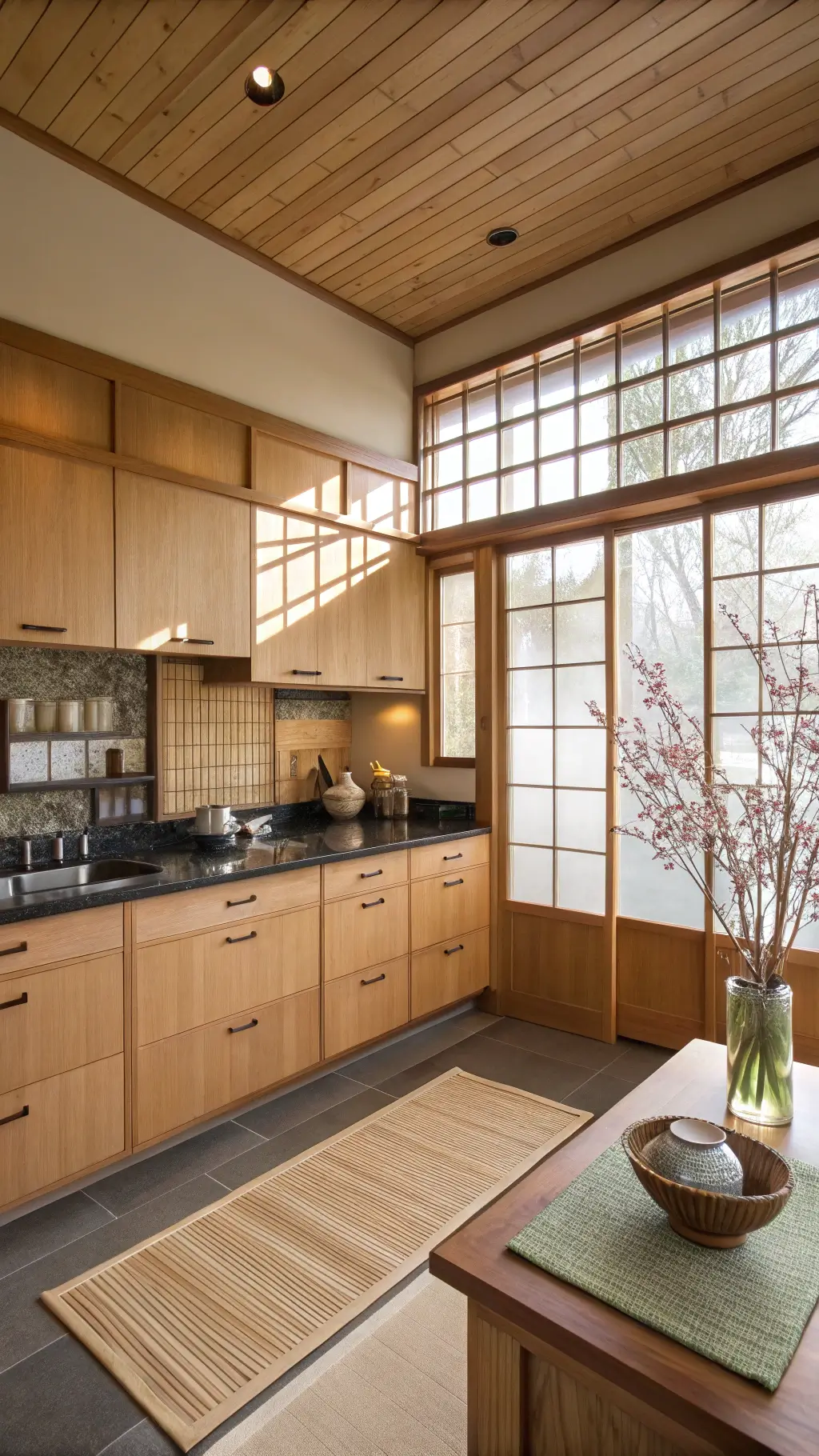 Japanese-inspired kitchen with natural alder cabinets, black stone counters, bamboo accents, and shoji screen-filtered light; features ceramic tea set, bamboo mat, and ikebana arrangement.