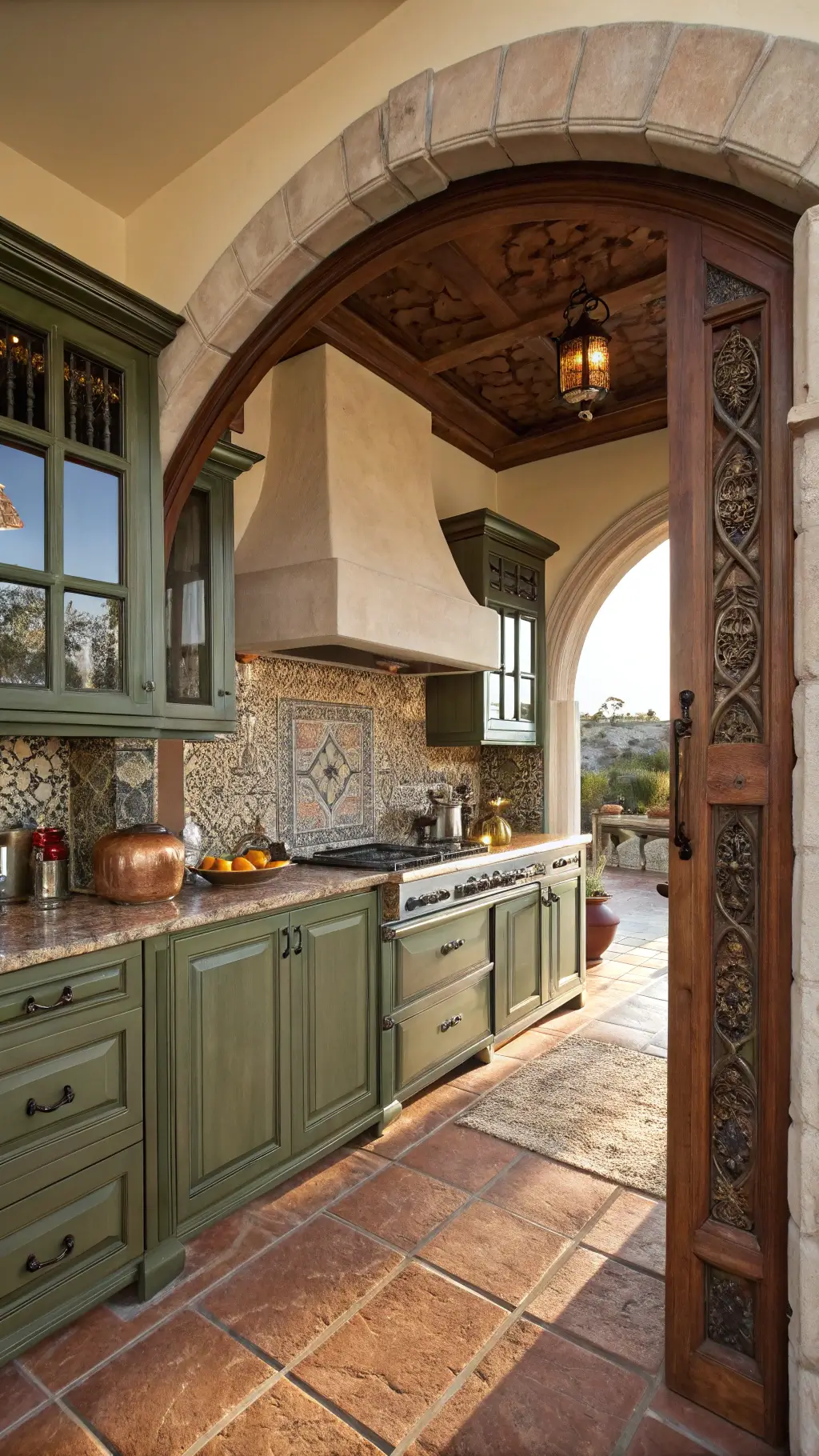 Mediterranean villa kitchen with olive cabinets, terracotta floors, arched doorway, and hand-painted tile backsplash in warm afternoon light.