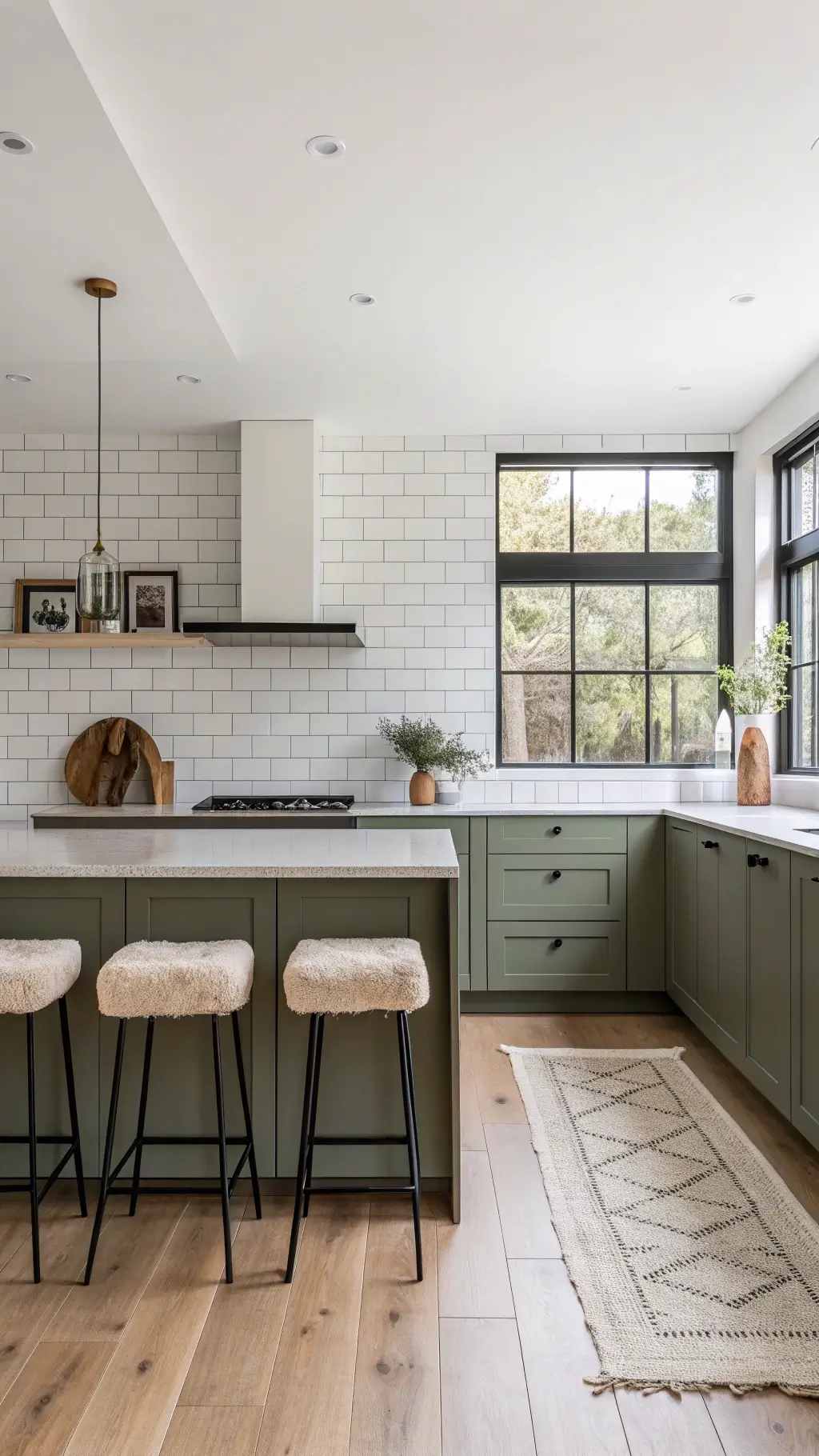 Minimal Scandinavian kitchen with olive green cabinets, pale oak floors, white subway tile walls, black window frames, and sheepskin-covered stools in morning light.
