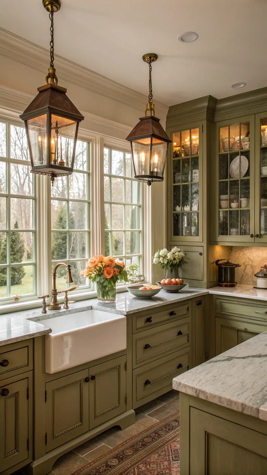 English country kitchen corner with olive cabinets, farmhouse sink, brass lanterns, and vintage china in glass-front uppers, bathed in golden hour light.
