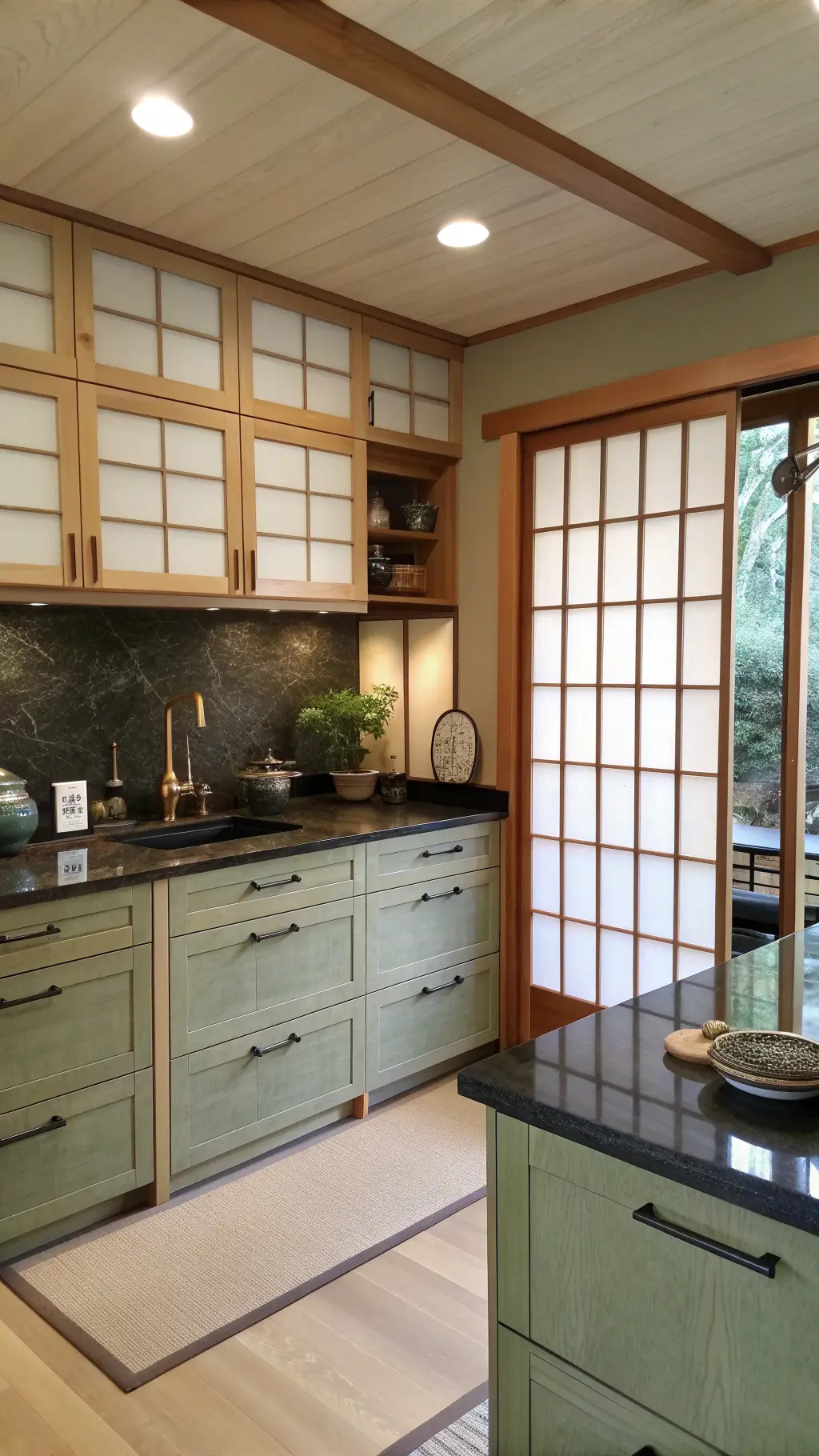 Japanese fusion kitchen with olive cabinets, black stone countertops, bamboo accents, and shoji screens filtering morning light.