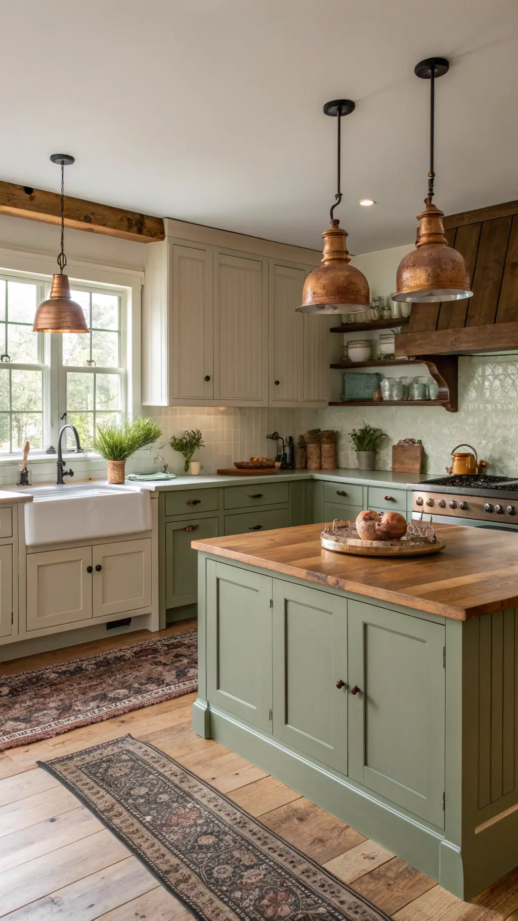Cozy 10x12ft farmhouse kitchen with sage green lower cabinets, creamy uppers, shiplap backsplash, copper pendants, and vintage rug in golden hour light.