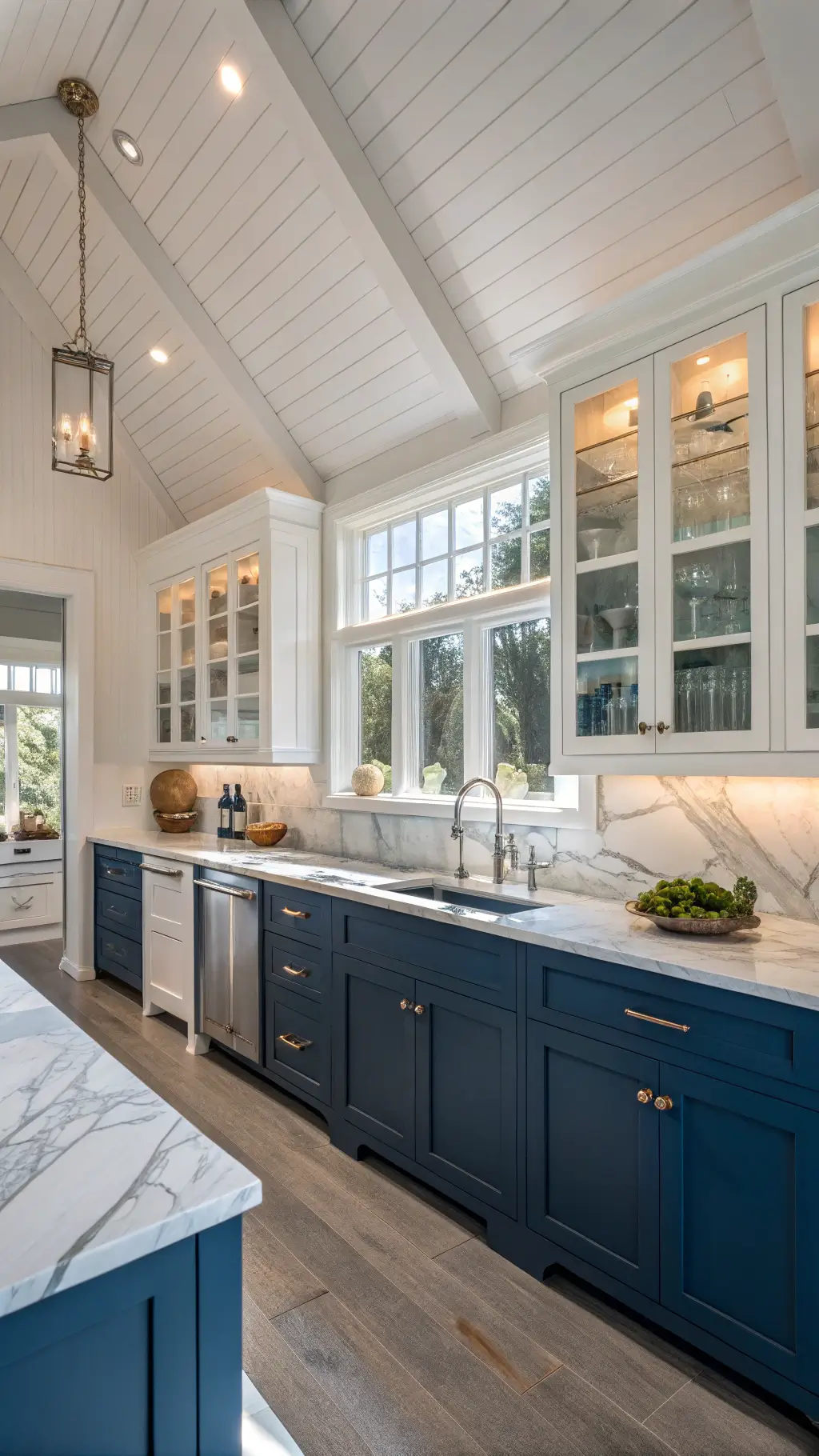 Coastal-themed 11x13ft kitchen with cathedral ceiling, deep ocean blue lower cabinets, white glass-front uppers, marble backsplash, chrome fixtures, and soft late afternoon lighting.