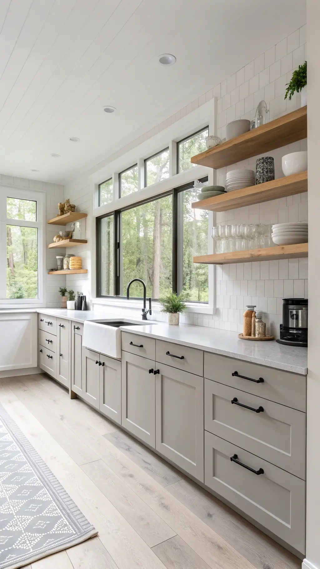 Scandinavian 13x14ft kitchen with light gray lower cabinets, white uppers, blonde wood shelves, black hardware, and soft northern light.