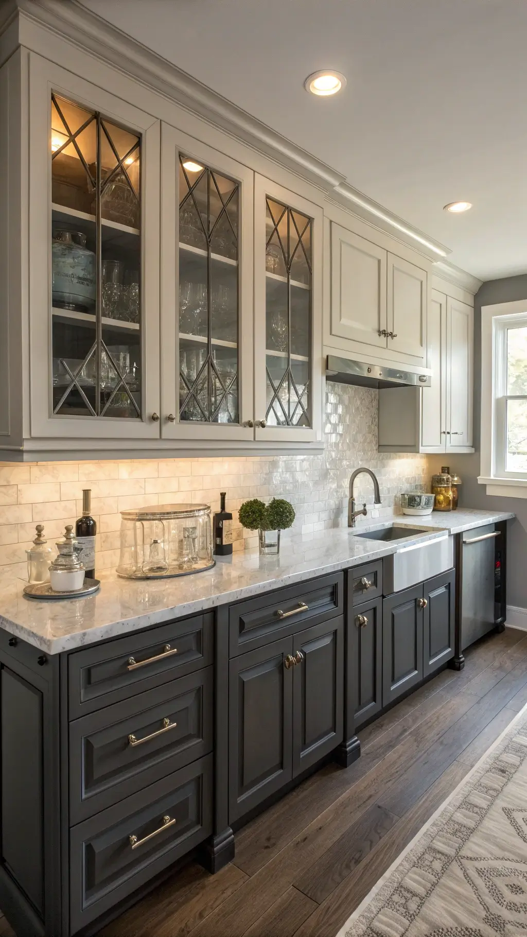 Symmetrical kitchen with charcoal lower cabinets, ivory uppers, marble countertops, and silver accents under mid-morning light.