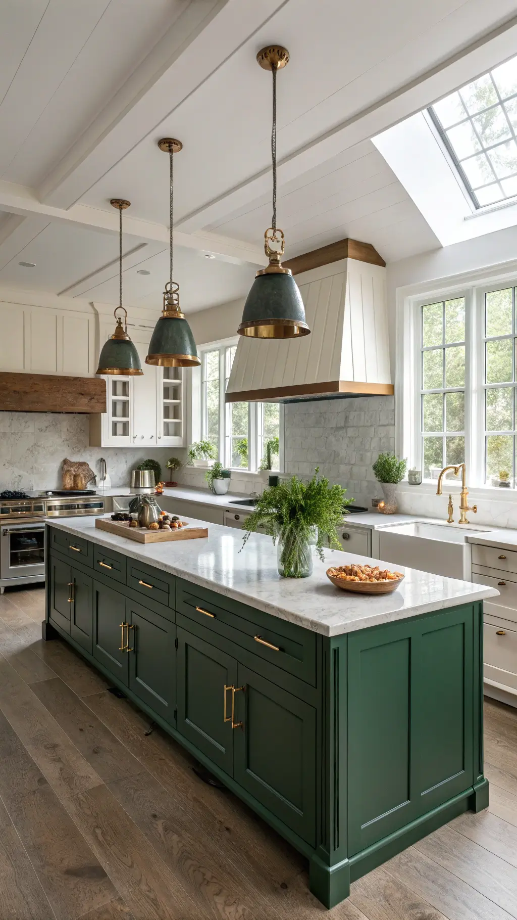 Contemporary 15x18ft kitchen with double islands, forest green lower cabinets, white oak uppers, brass fixtures, honed granite countertops, clerestory afternoon light, pendant lighting, copper cookware, and potted herbs.
