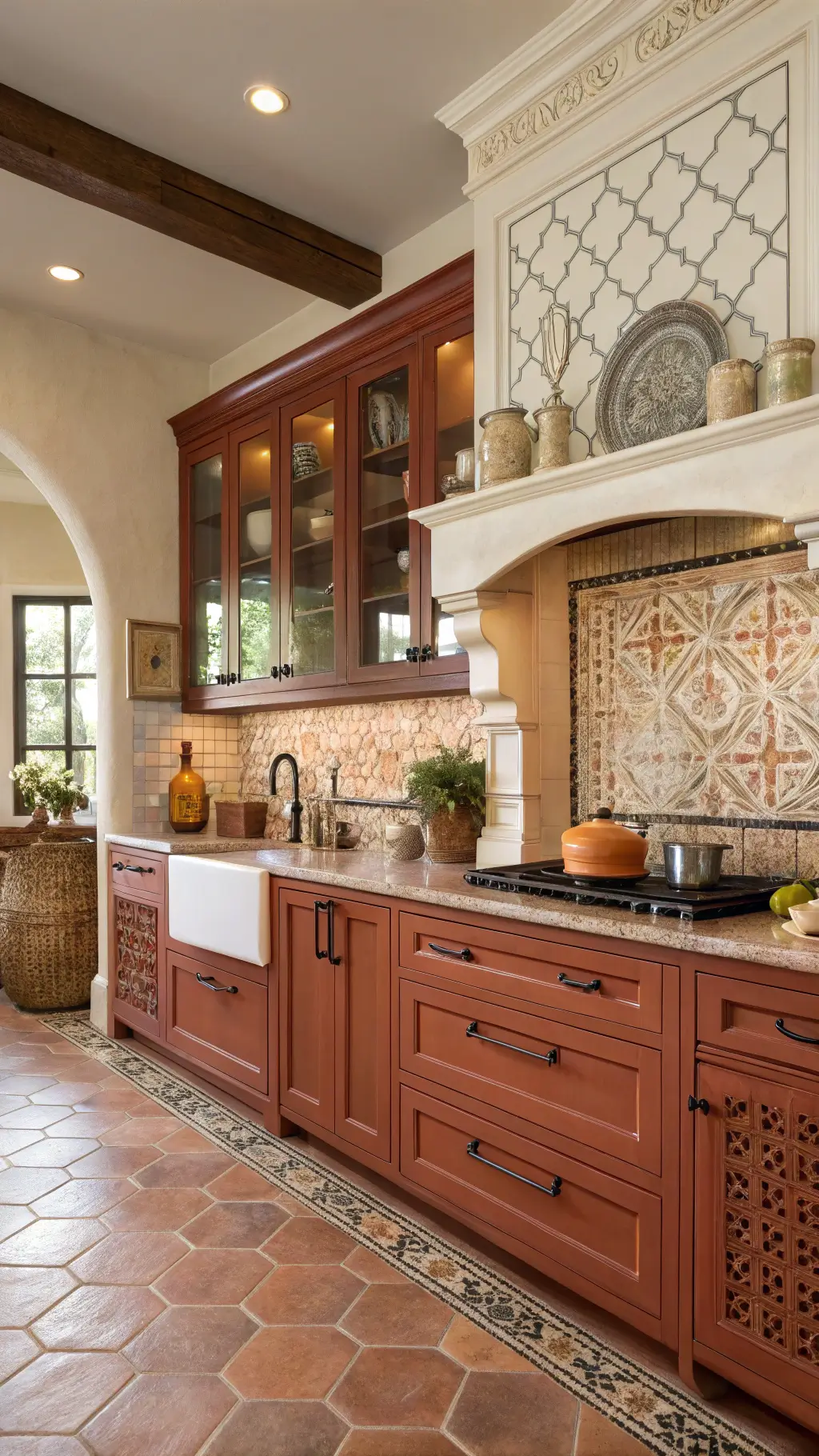 Mediterranean-style 13x15ft kitchen with terra cotta lower cabinets, cream uppers, patterned tile backsplash, and oil-rubbed bronze hardware in warm afternoon light.