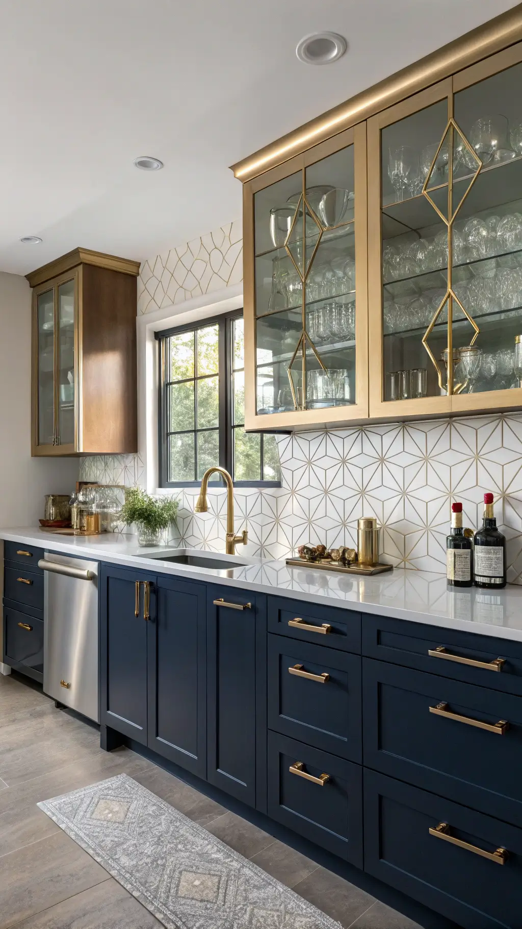 Art Deco-style 12x14ft kitchen with navy lower cabinets, brushed gold uppers, geometric tile, crystal hardware, and dramatic mid-day lighting.