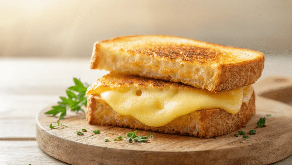 "Golden crusty grilled cheese sandwich with melted cheese pulls, served on a rustic wooden board, garnished with fresh herbs under warm lighting on a clean background"