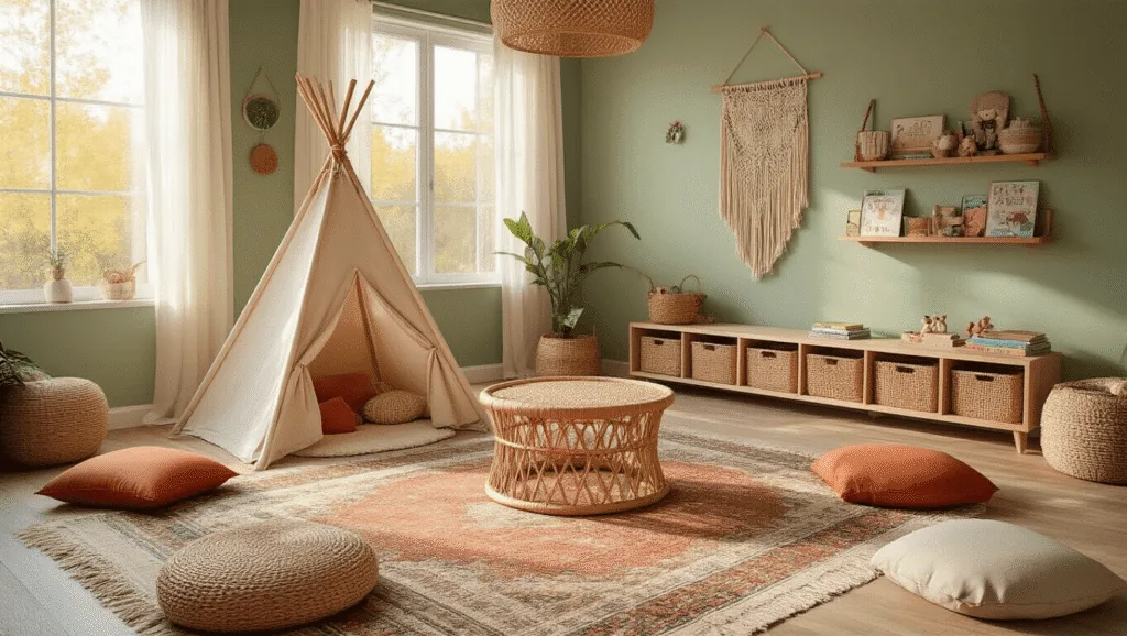 "Boho children's playroom with rattan table, teepee, vintage rugs, macramé wall hangings, and floor cushions in warm sunlight"