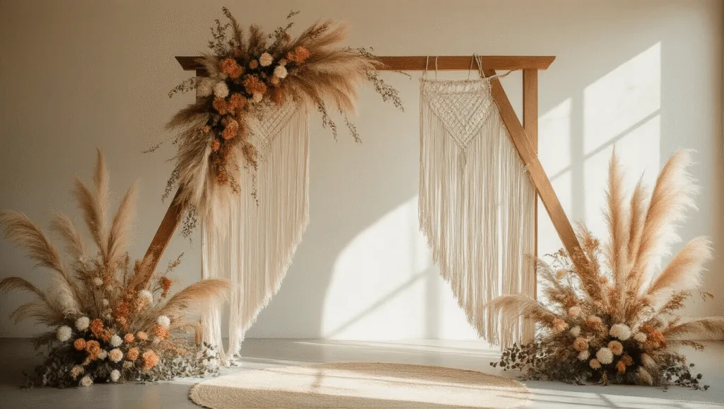 "Bohemian wedding arch with wooden triangle frame, ivory macramé, dried pampas grass, and dried flowers in a warm, ethereal sunlight"