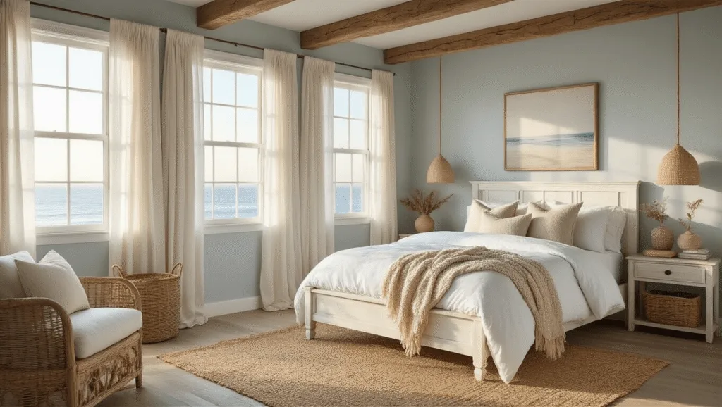 "Coastal farmhouse bedroom with whitewashed wooden bed, beige pillows, jute rug, and seagrass baskets in warm golden hour lighting"