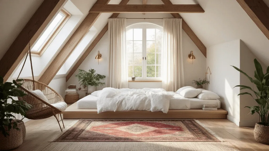 "Sun-drenched attic bedroom with sloped ceilings, featuring a low platform bed, wooden beams, and large dormer window, decorated in a minimalist Scandinavian style"