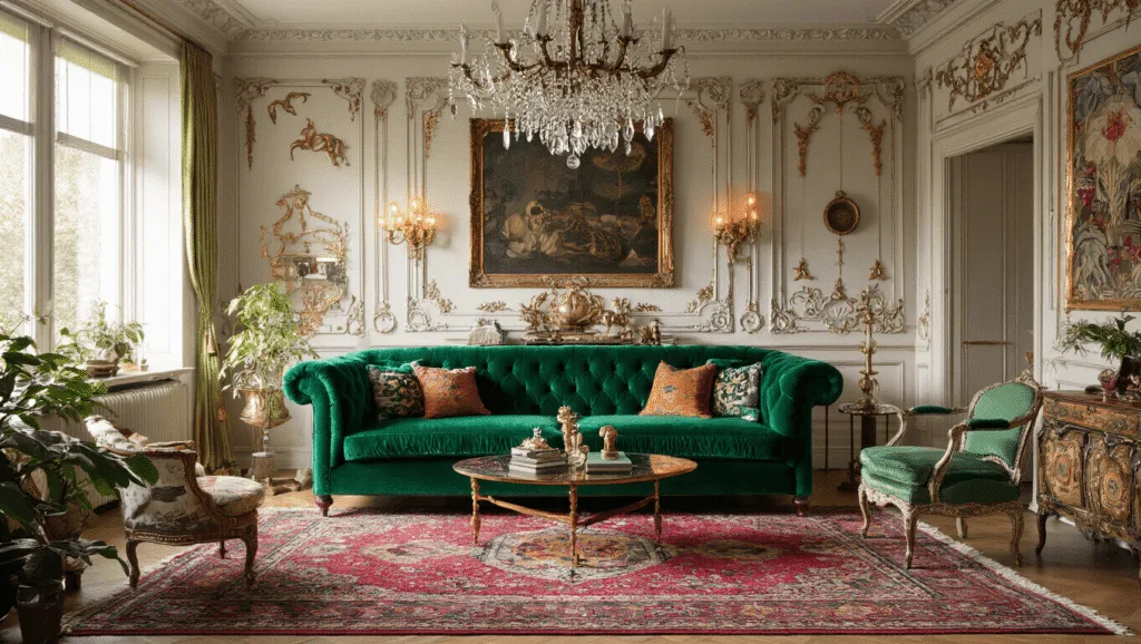 "Eclectic maximalist living room featuring emerald velvet sofa, Persian rugs, crystal chandelier, ornate wall art, vintage curiosities, in golden hour light with rich jewel tones."