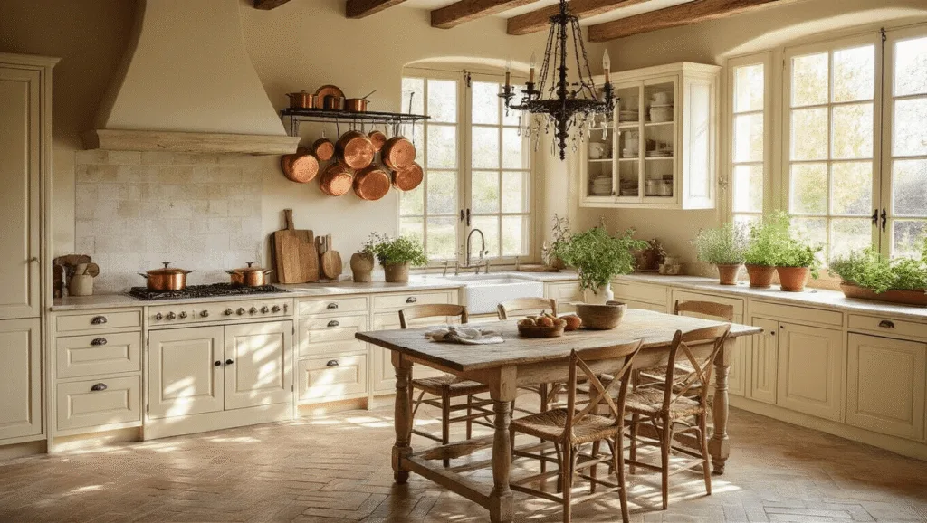 "Sunlit French country kitchen with cream cabinets, copper pots, limestone floors and rustic decor"
