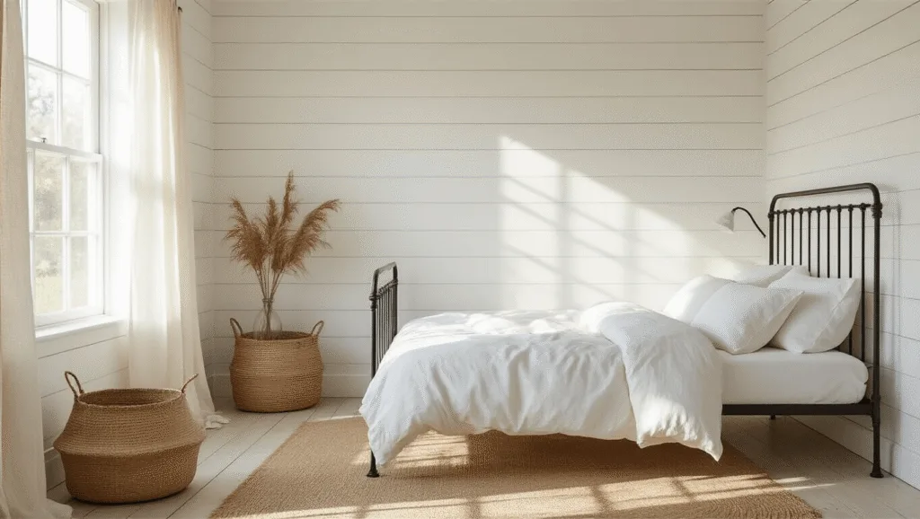 "Minimalist cottage bedroom with white shiplap walls, iron bed with linen bedding, seagrass basket, and morning light casting soft shadows"