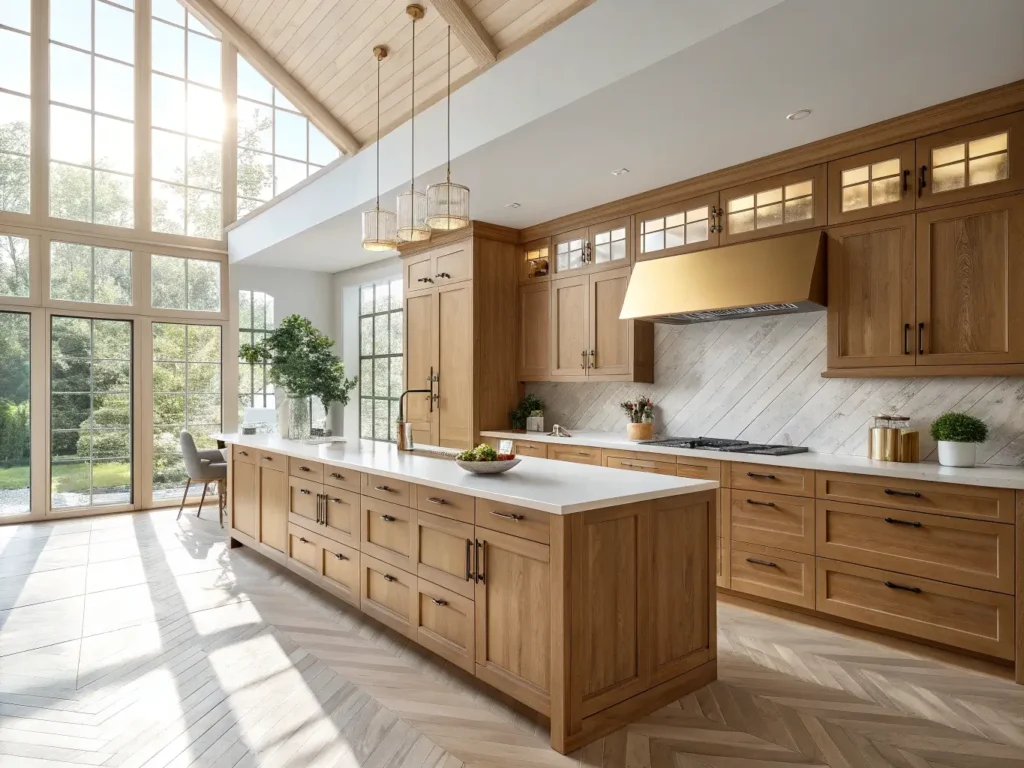 "Sunlit contemporary kitchen with alder wood cabinets, vaulted ceiling, white quartz island, and herringbone floors"