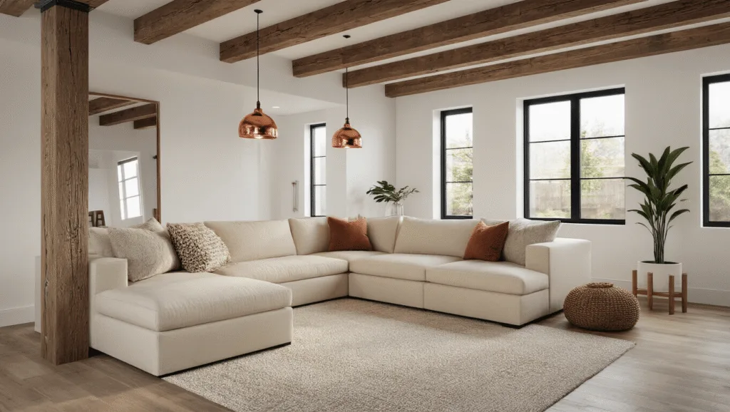 "Modern basement makeover with cream sectional sofa, warm lighting, exposed beams, and natural sunlight"