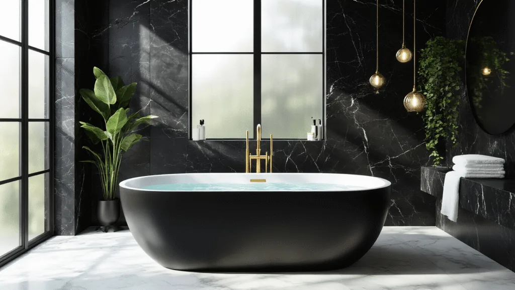 "Luxurious black bathroom with matte black tub, marble walls, and brass fixtures, accented by white towels and green plants"