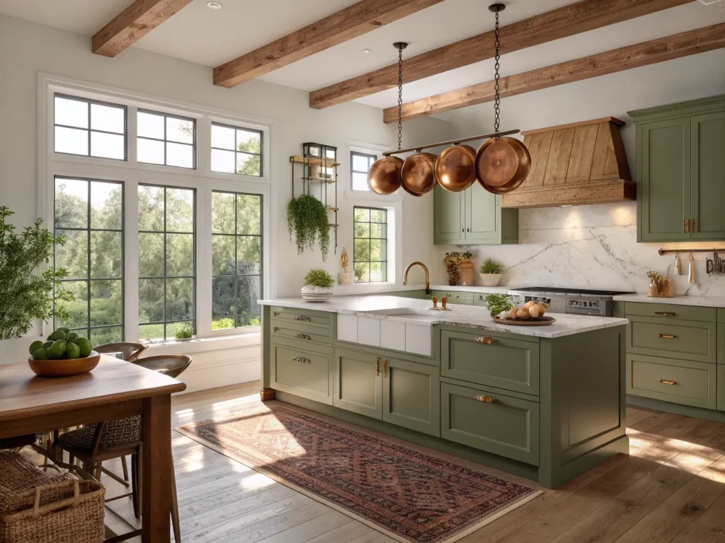 "Sunlit modern farmhouse kitchen with olive green cabinets, brass hardware, marble countertops, and a waterfall island"