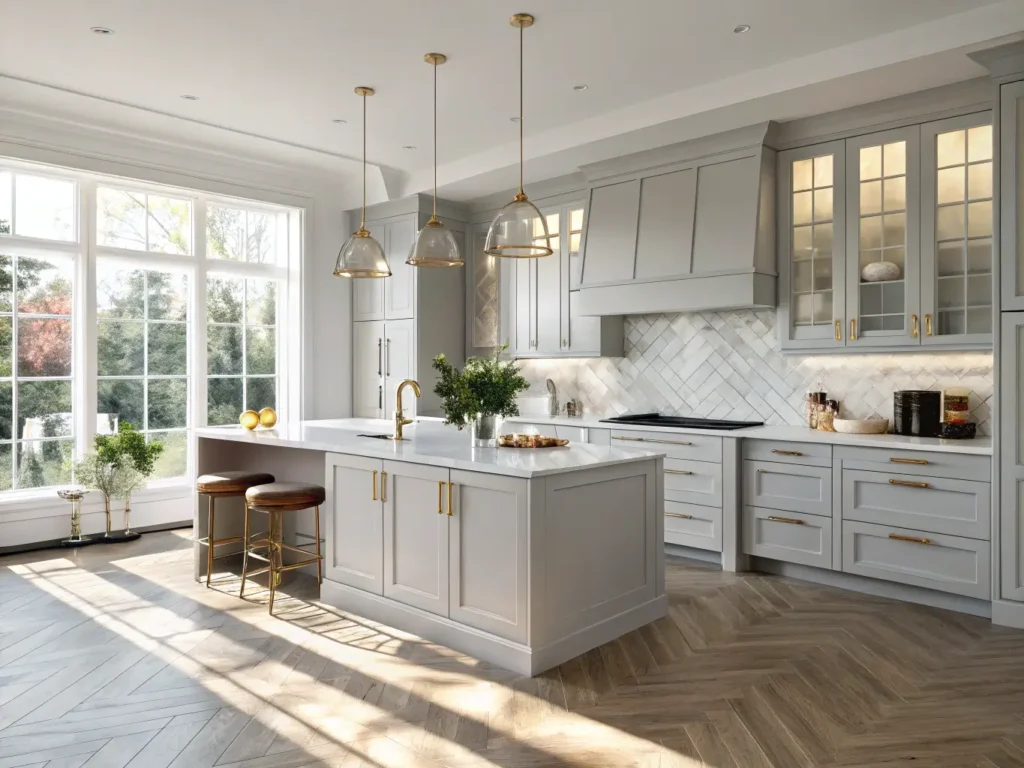 "Modern gray kitchen with brass hardware, a white quartz island, herringbone oak floors, and stainless appliances in natural morning light"