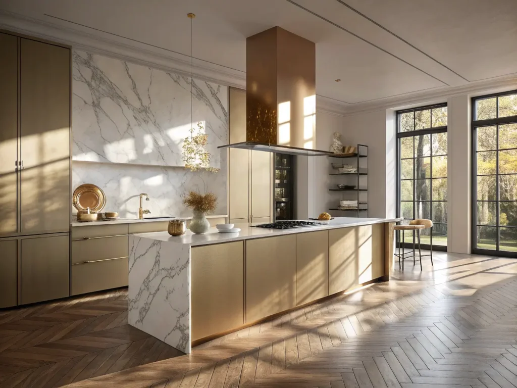 "Luxurious modern kitchen with champagne gold cabinets, marble island, copper accents, oak floors and natural golden hour lighting"