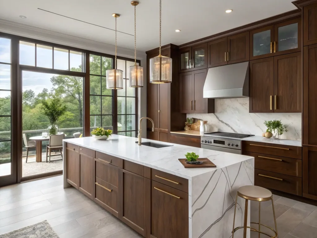 "Modern luxury kitchen with brown cabinets, white quartz island, and stainless steel appliances, styled with minimalistic accessories"