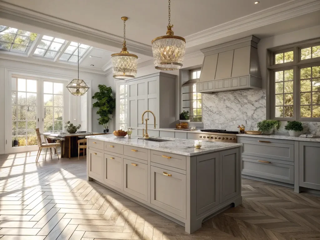 "Modern gray kitchen interior design with marble waterfall island, brass hardware, crystal pendant lights, and sunlit herringbone floors"