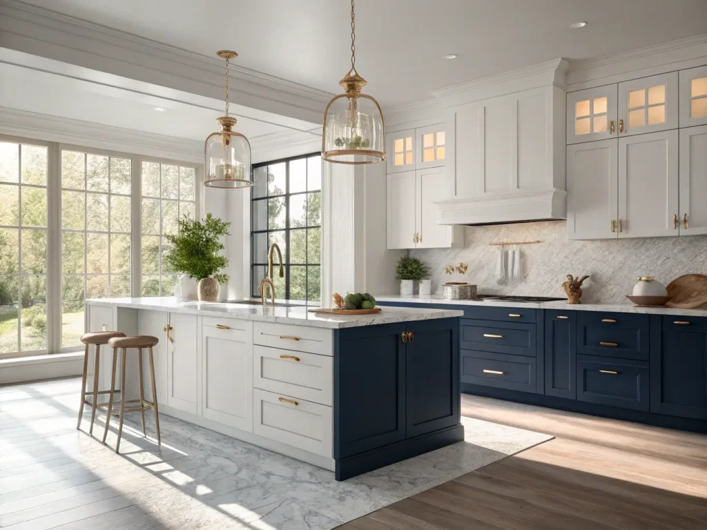 "Modern two-tone kitchen with navy blue and white cabinets, white quartz island, and brass accents bathed in morning sunlight"