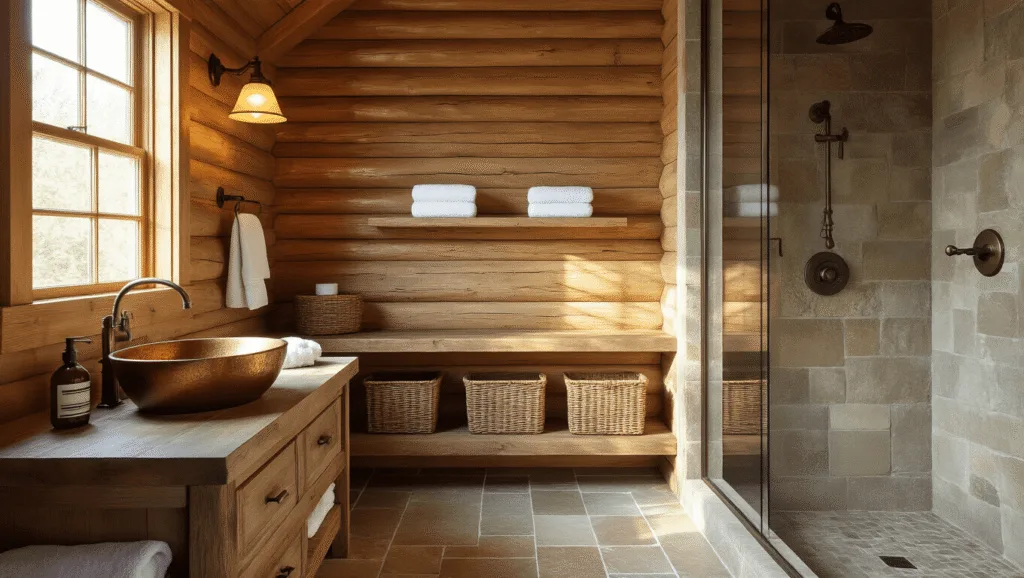 "Cozy rustic log cabin bathroom with cedar walls, copper sink, stone tiles, and morning light streaming through a frosted window"