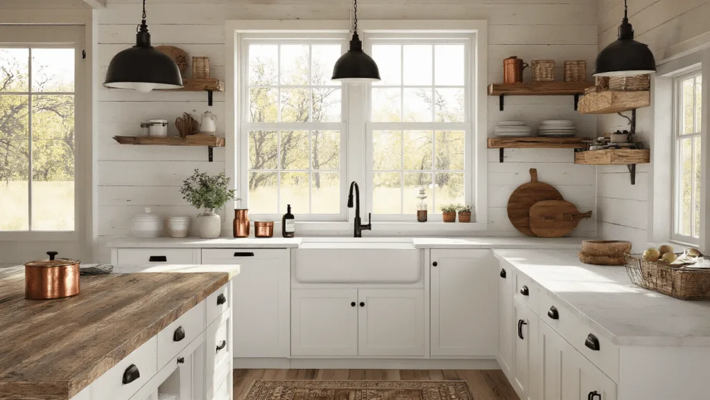 "Sunlit modern kitchen with white cabinets, reclaimed wood shelves, quartz island, farmhouse sink and matte black fixtures"