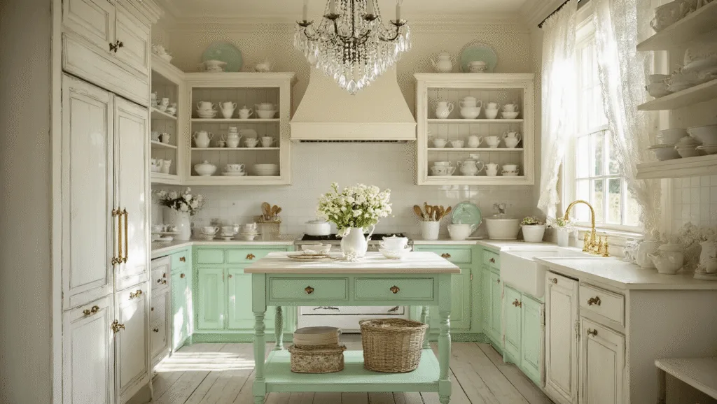 "Shabby chic kitchen with distressed white cabinets, vintage pastel decor, crystal chandelier, and lace curtains"