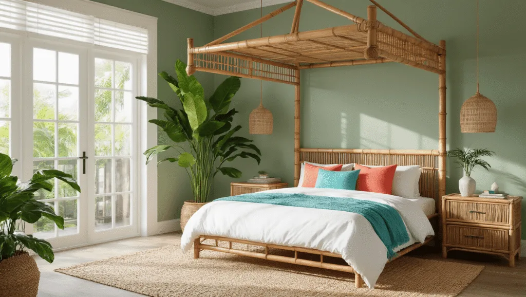 "Tropical bedroom with bamboo canopy bed, sage green wall, monstera plant, rattan nightstands, and coral and turquoise pillows in a sunlit interior"
