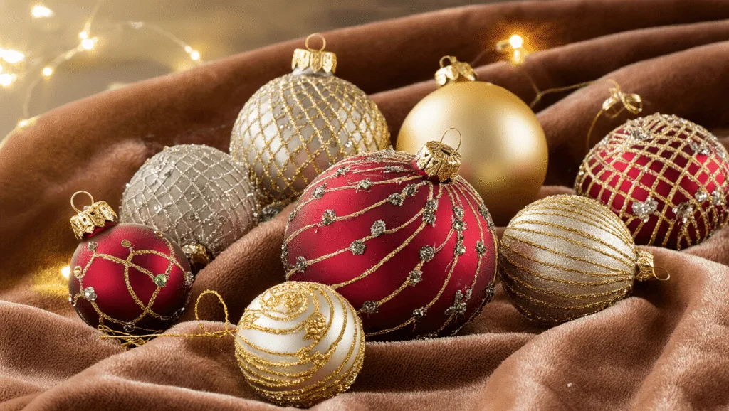 "Vintage Christmas ornaments in gold, silver and burgundy mercury glass displayed on velvet fabric under warm lighting."
