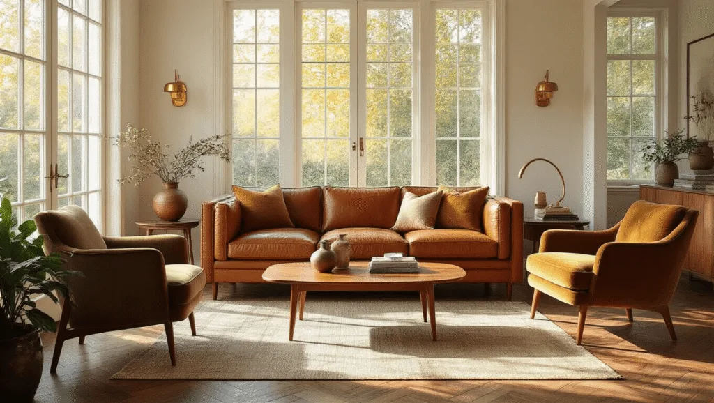 "Sunlit mid-century modern living room with cognac leather sofa, teak coffee table, olive velvet chair, brass accents and herringbone wood floors"