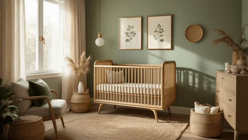 "Mid-century modern nursery with sage green accent wall, brass accents, vintage caned crib and golden hour lighting"