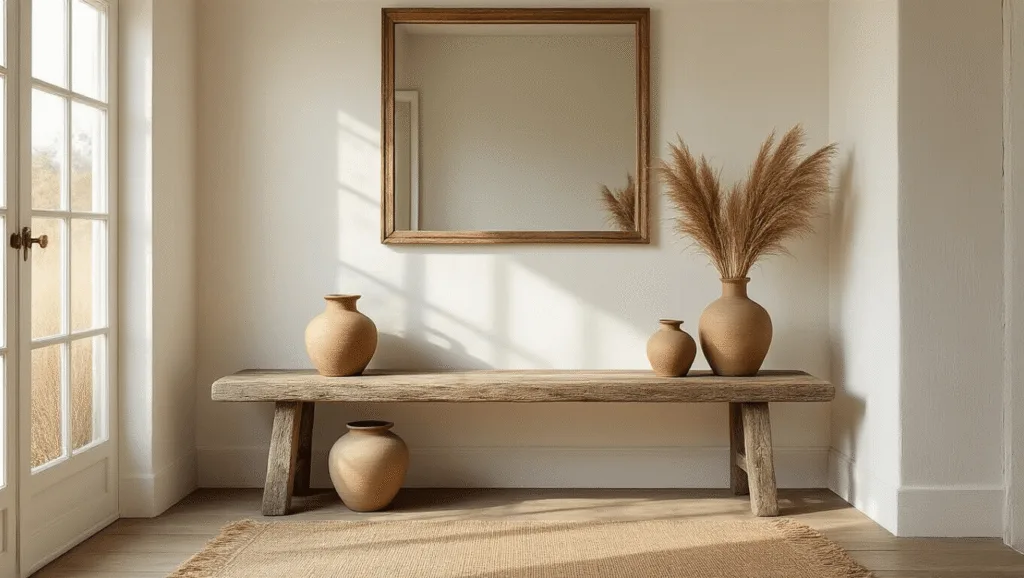 "Serene entryway with wooden bench, ceramic vessels with dried pampas grass, jute runner on oak flooring, and vintage mirror in natural light and earthy tones"
