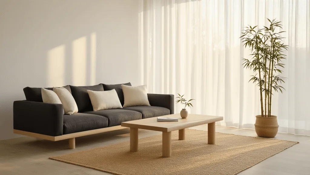"Elegant minimalist zen living room with charcoal sofa, natural jute rug, wooden coffee table, and single bamboo plant, illuminated by golden hour sunlight."